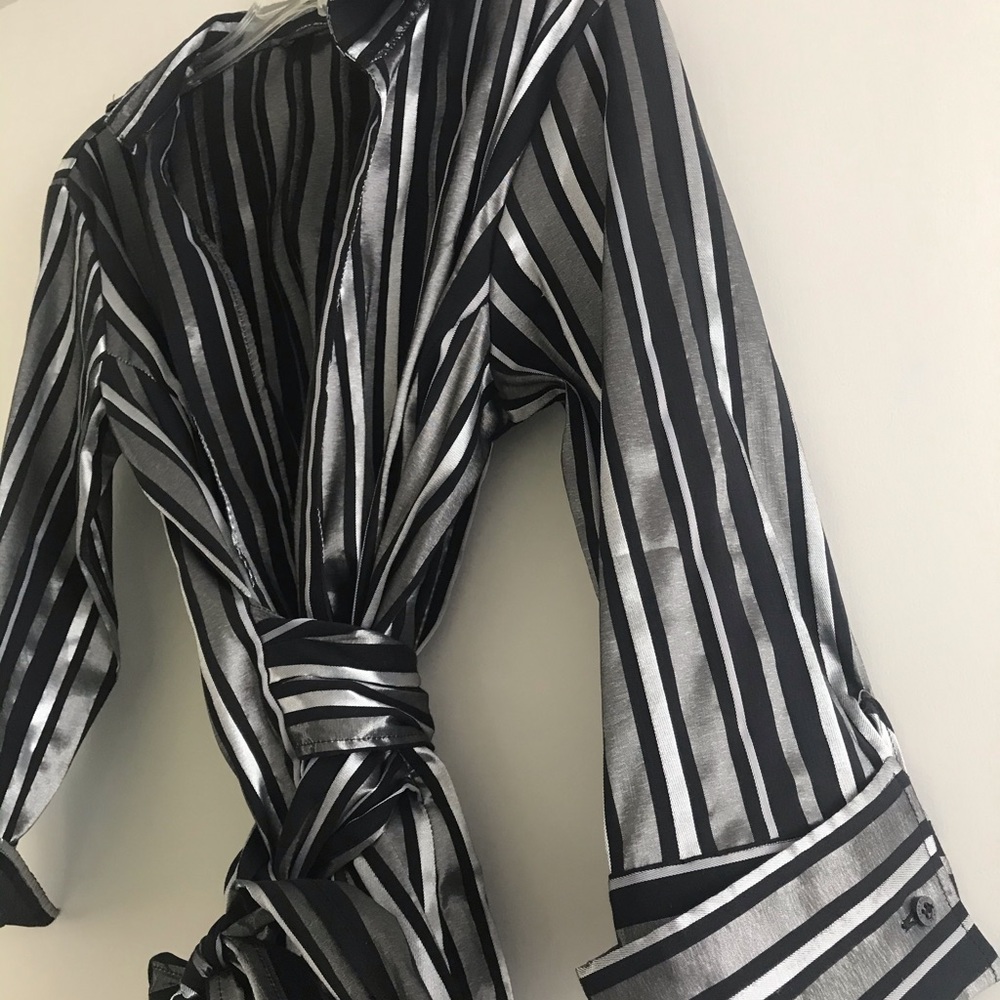 Silver and black stripe top with tie waist